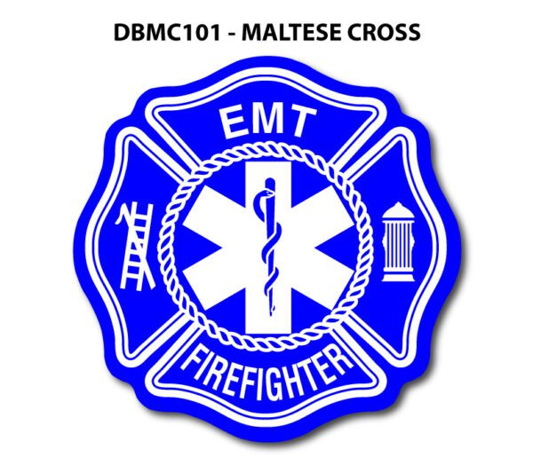 A blue and white fire department emblem with the words " emt firefighter maltese cross ".