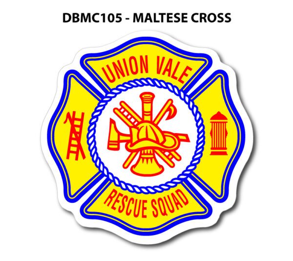 A yellow and blue fire department logo sticker.