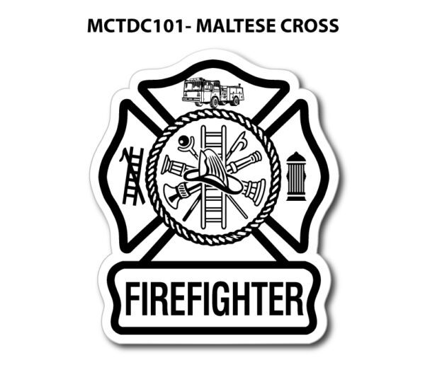 A black and white maltese cross with the words " firefighter " on it.