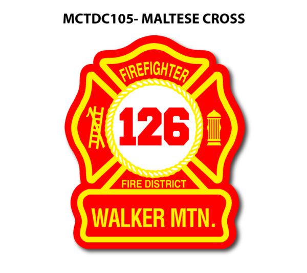 A red and yellow fire department patch with the number 1 2 6.