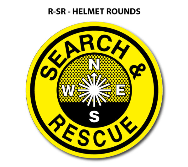 A yellow and black round logo for the search & rescue.