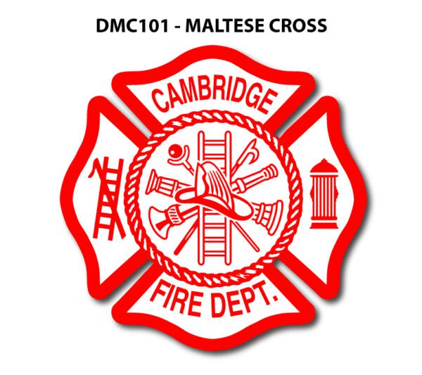 A red and white maltese cross with the words " cambridge fire department " on it.