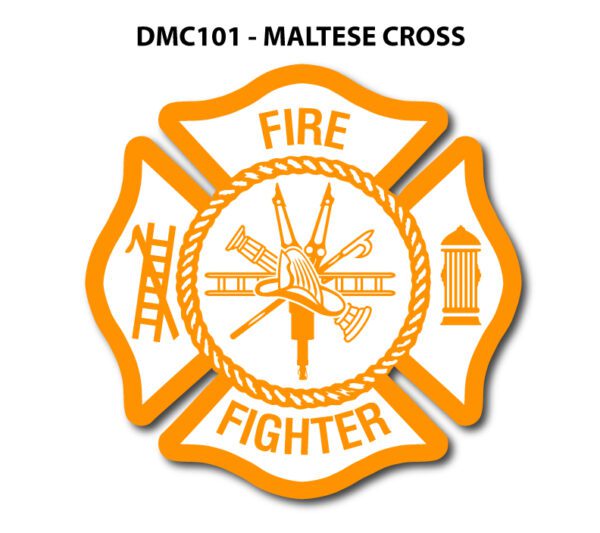 A maltese cross with the fire fighter logo on it.