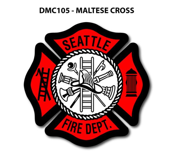 A red and white maltese cross with seattle fire department logo.