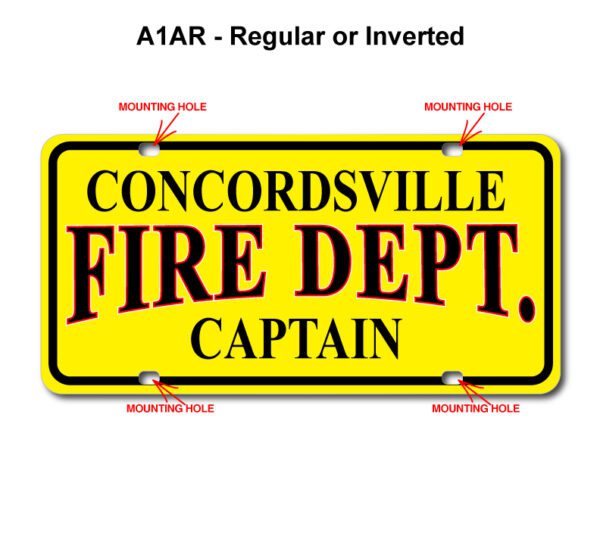 A yellow and black sign with the words " concordsville fire dept. Captain ".