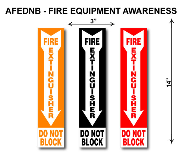 A fire equipment awareness sign with three different colors.