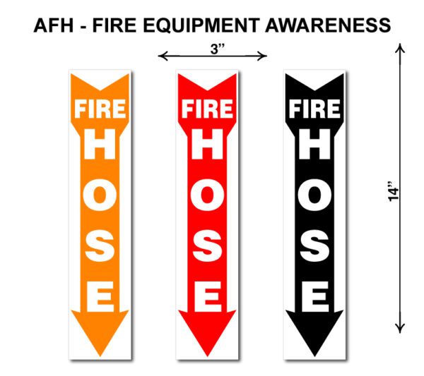 Fire hose direction signs, orange, red, black.