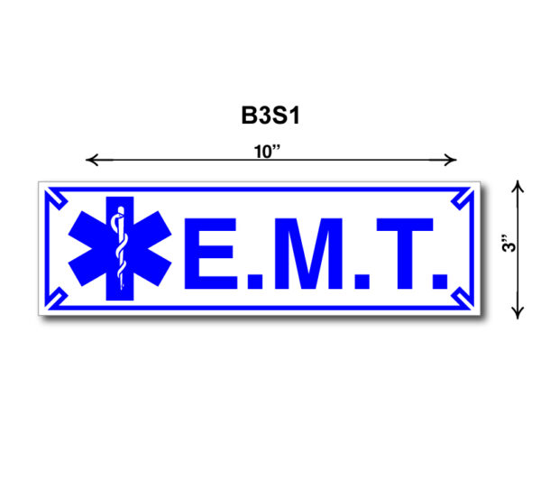 A blue and white sign with the word " e. M. T ".