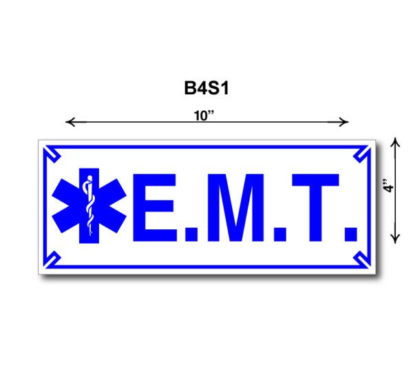 A blue and white sign with the word " e. M. T ".