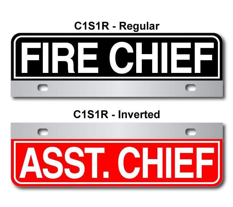 A red and white sign with the words " fire chief " and " asst. Chief ".