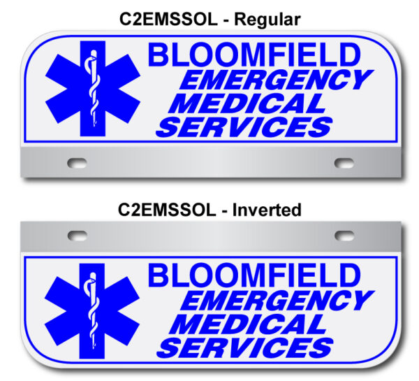 A blue and white emergency medical services sign.