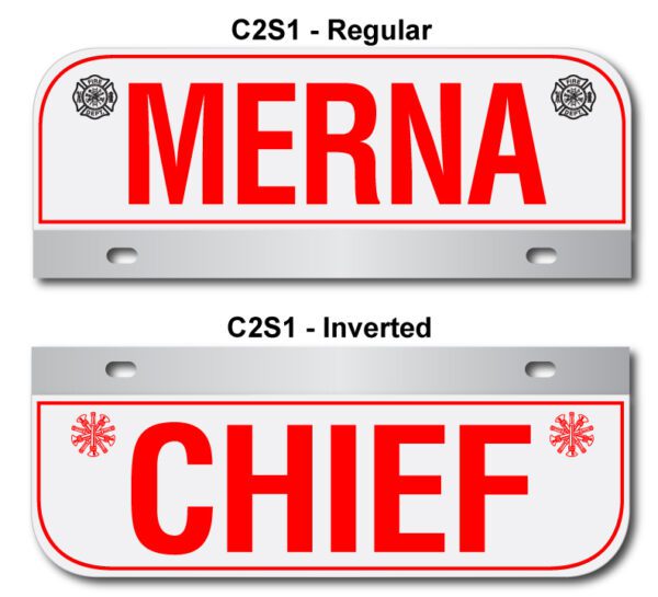 A red and white license plate with the name merna on it.