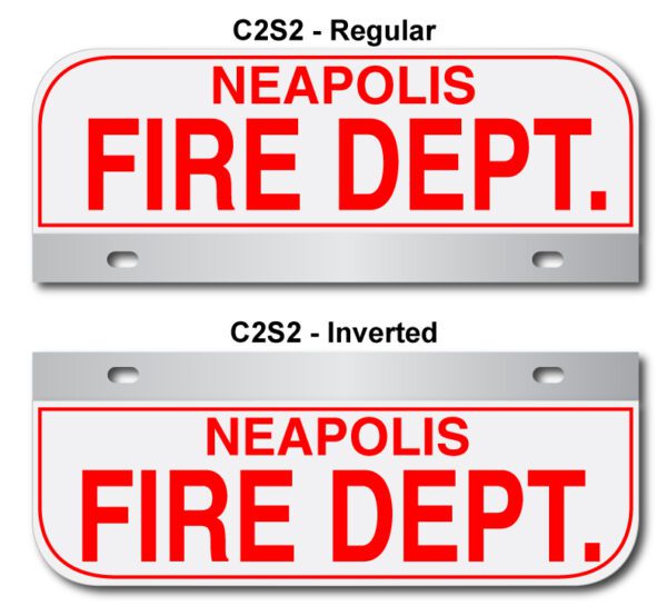 A pair of fire department signs with the names of two different departments.