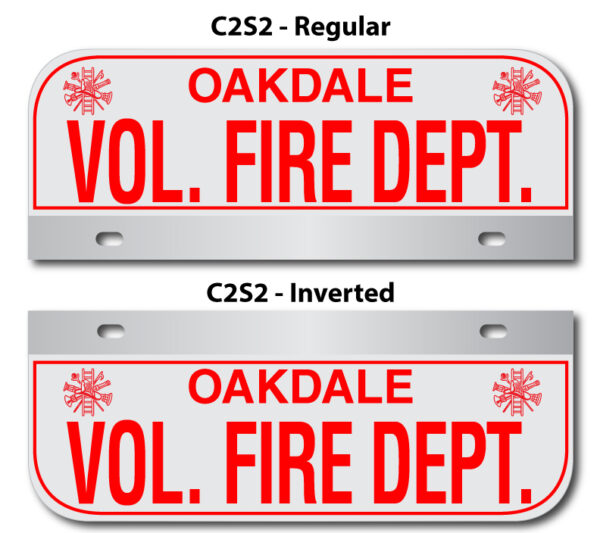 A pair of fire department license plates with the names of two different departments.