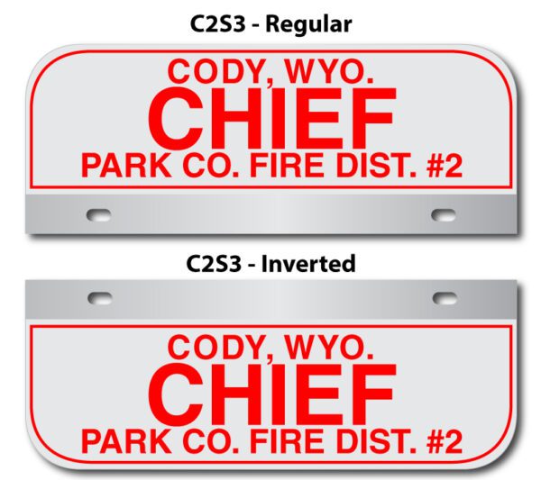 A pair of red and white license plates with the names of two different fire departments.