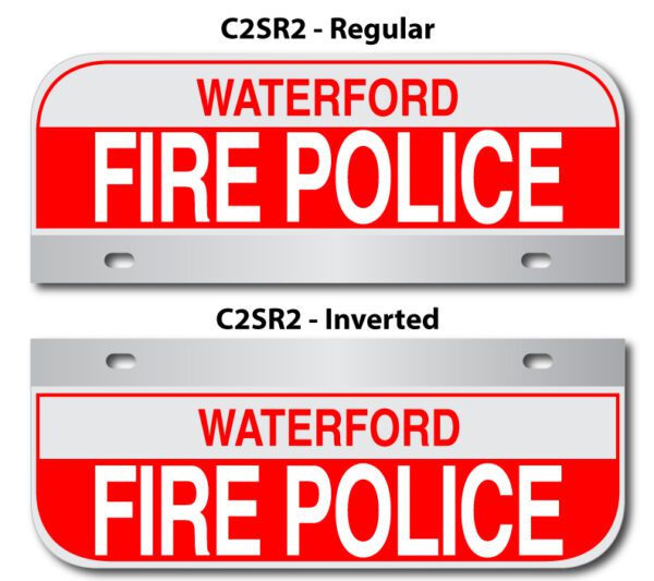 A pair of red and white fire police signs.