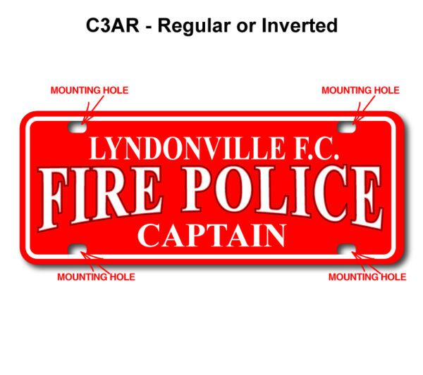 A red and white license plate with the names of fire police officers.