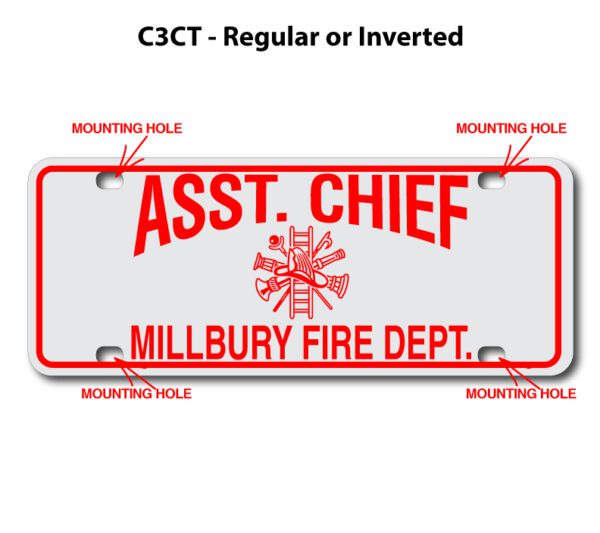 A red and white license plate with the names of several fire departments.