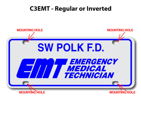 A close up of the front side of an emergency medical technician license plate.