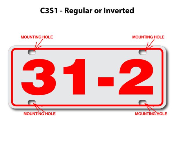 A red and white license plate with the numbers 3 1-2.