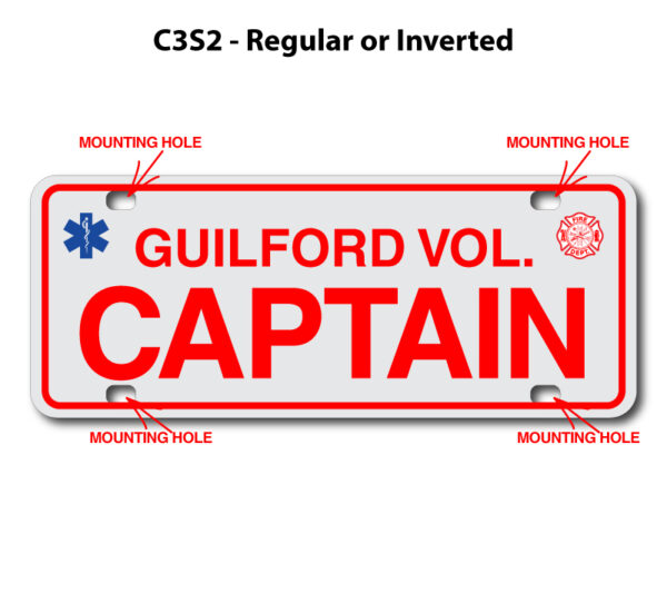 A red and white license plate with the name of a captain.