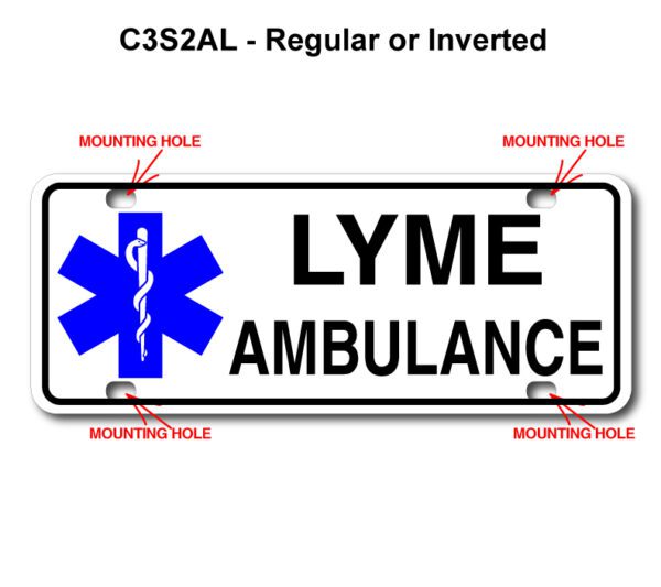 A blue and white license plate with the words lyme ambulance written on it.