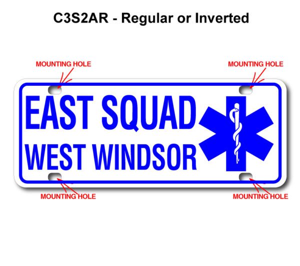 A blue and white sign with the words " east squad west windsor ".