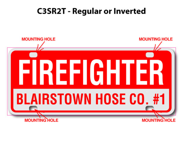 A red and white license plate with the names of firefighters.