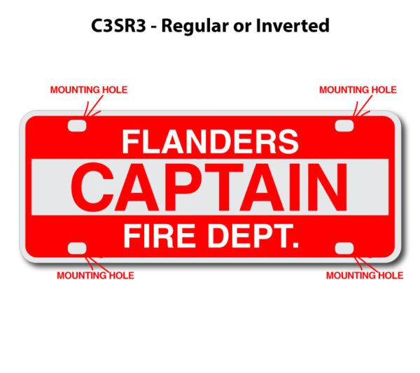 A red and white license plate with the names of different fire departments.