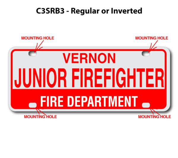 A red and white license plate with the names of different fire departments.