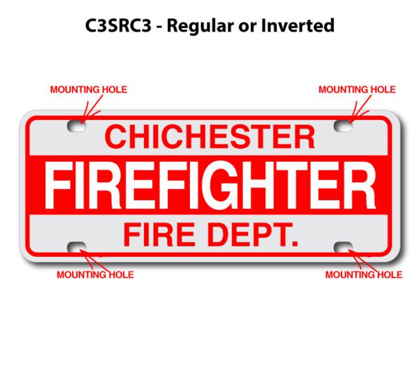 A red and white license plate with the names of different fire departments.