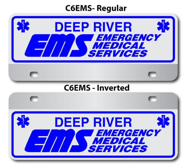 A pair of license plates with the words deep river emergency medical services on them.