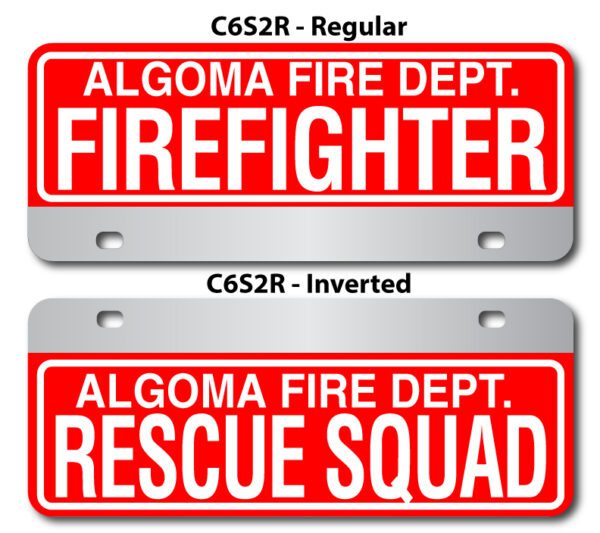 A red and white sign with the words " algoma fire dept. Firefighter " on it