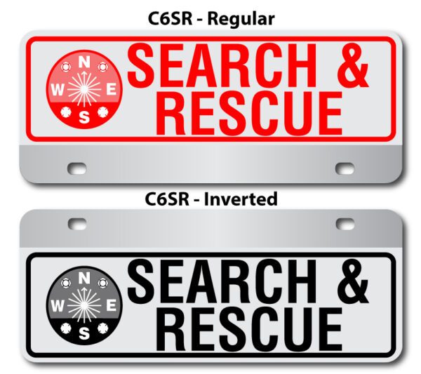 A red and white sign with the words " search & rescue ".