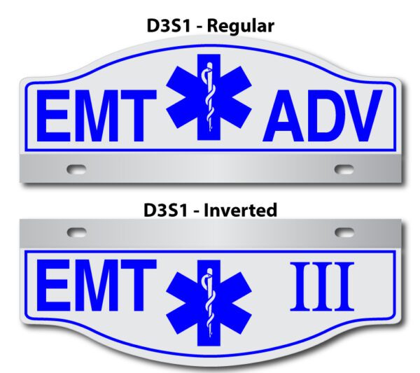 A blue and white sign with the words " emt adv " on it.