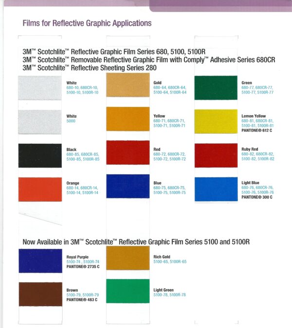 A color chart of different colors for reflective film.