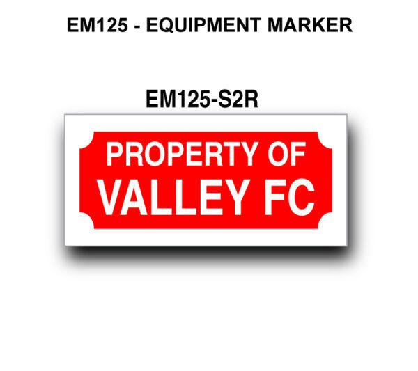 A red sign with white lettering that says " em 1 2 5-equipment marker ".