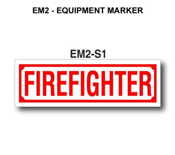 A red and white sticker with the word " firefighter " on it.