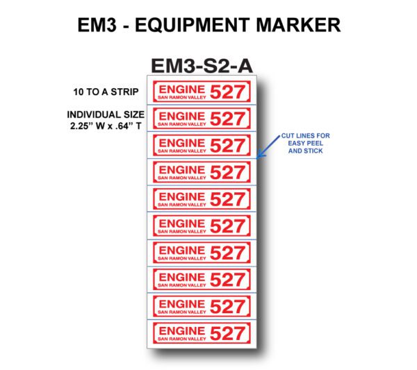 A red and white sticker with the words " em 3-equipment marker "