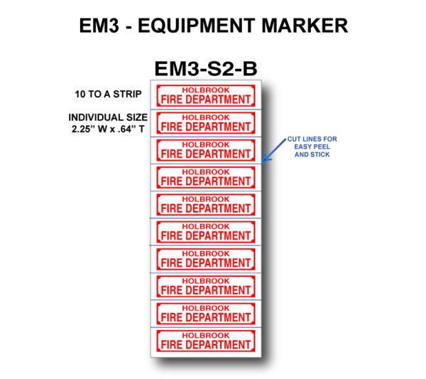 A red and white sticker with the words " em 3-equipment marker ".