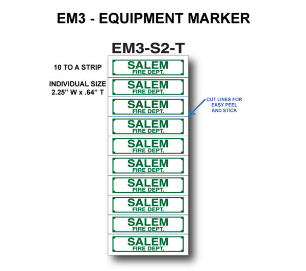 A green and white sticker with the words " em 3-equipment marker salem ".