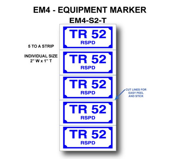 A blue and white sticker with the words " em 4-equipment marker "