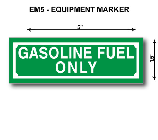 A green sign with white lettering and the words " gasoline fuel only ".