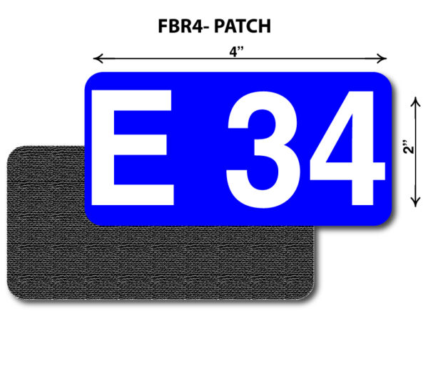 A blue and white sticker with the number " e 3 4 ".