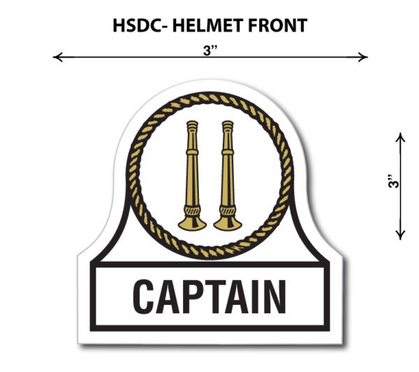 A helmet front with the name of captain and a picture of two guns.