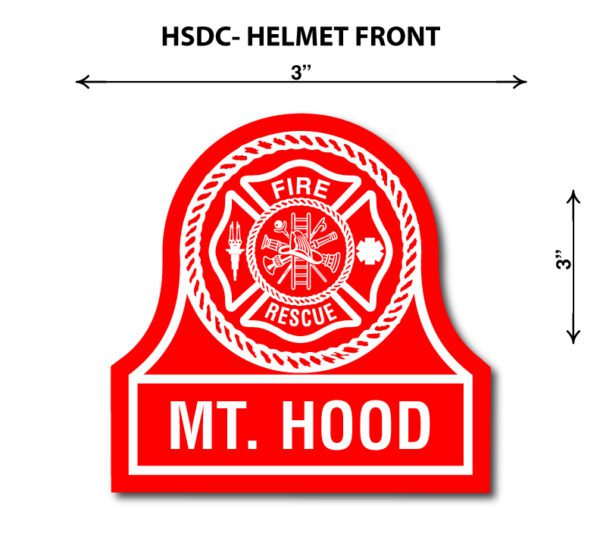 A red and white fire helmet sticker with the words " hsdc-helmet front " on it.