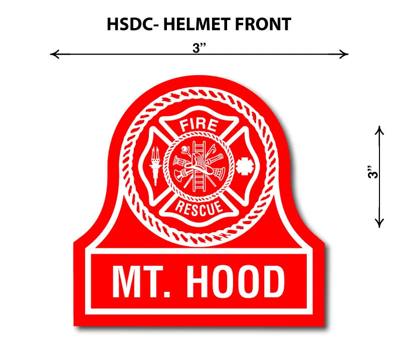 A red and white fire helmet sticker with the words " hsdc-helmet front " on it.