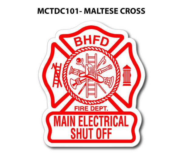 A red and white sticker of the maltese cross.