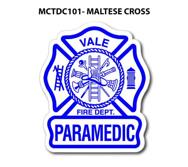 A blue and white maltese cross with the words " paramedic vale fire department, vale, vale, vale, vale, vale, vale, vale