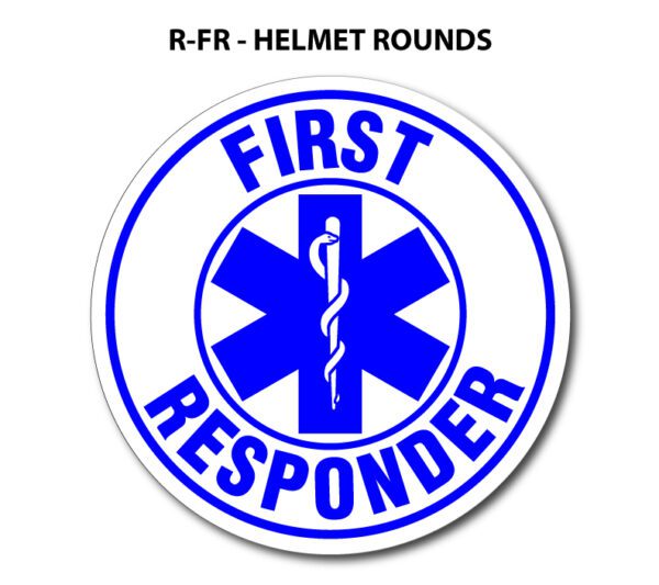 A blue and white sticker with the words " first responder " in it.